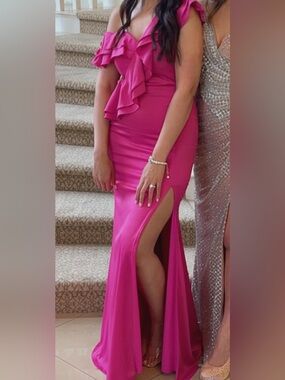 Fuchsia Ruffle-Front Maxi Dress with High Slit